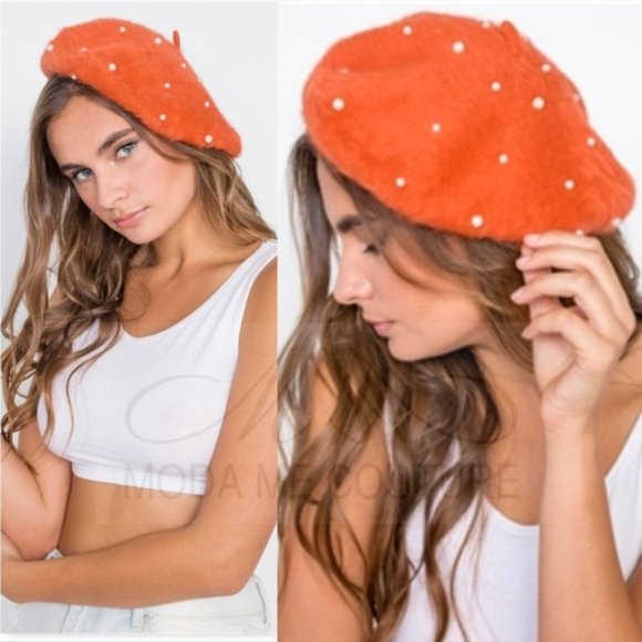 MODA ME COUTURE Accessories - PUMPKIN SPICE Pearl Detailed fuzzy Beret -…